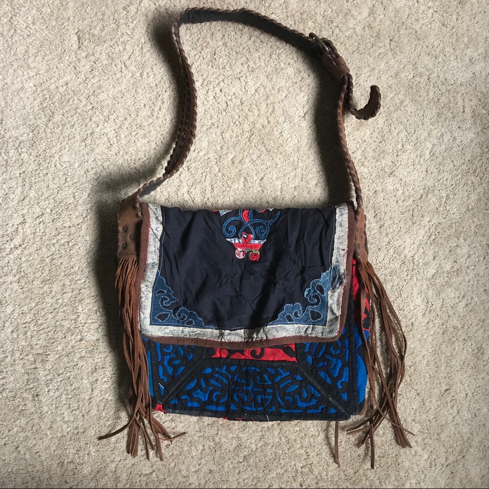 Large Leather saddle bag with vintage fabric