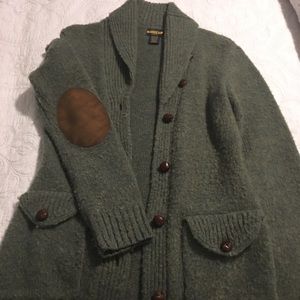 RL green cardigan with elbow patches.