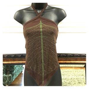 Avatar brwn/green halter leaf festival/costume top