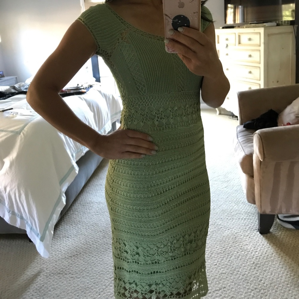 Green crocheted knit body con dress.