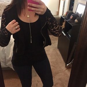 Black Lace Zip-Up Cropped Blazer