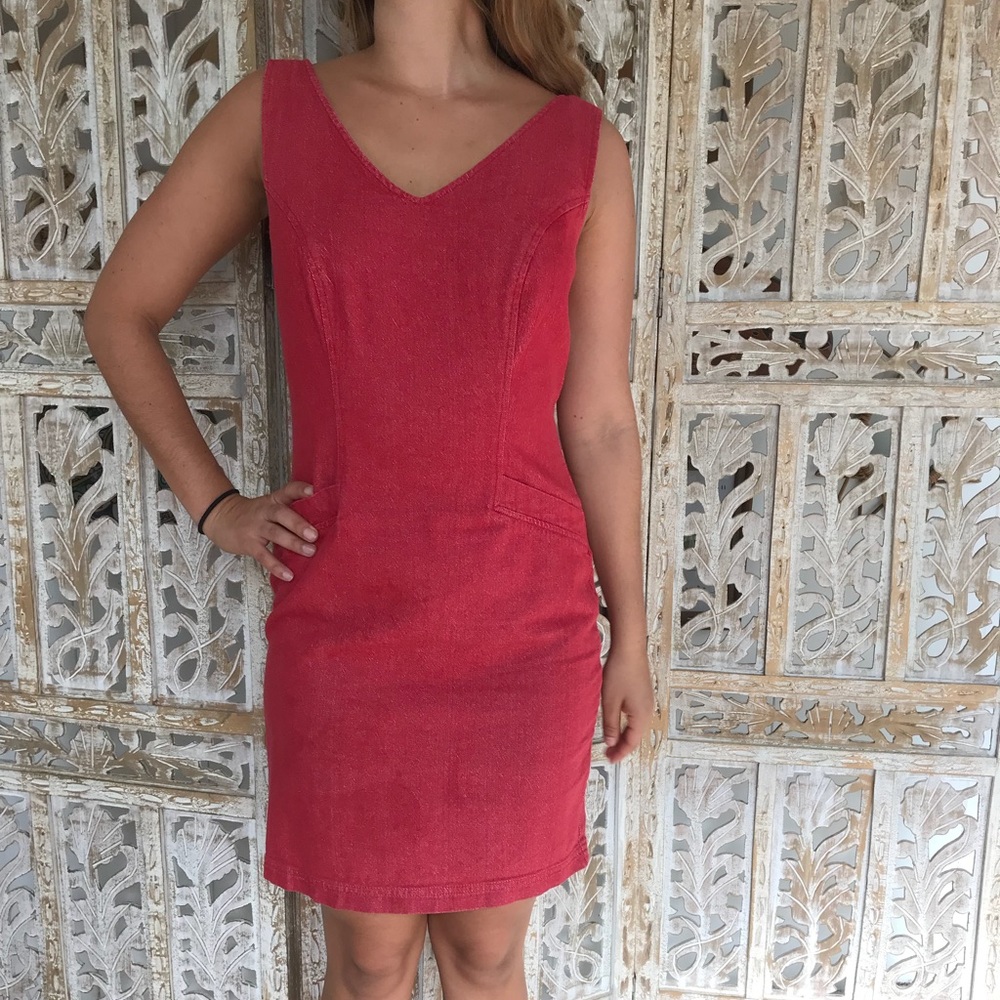 Denim red v neck dress