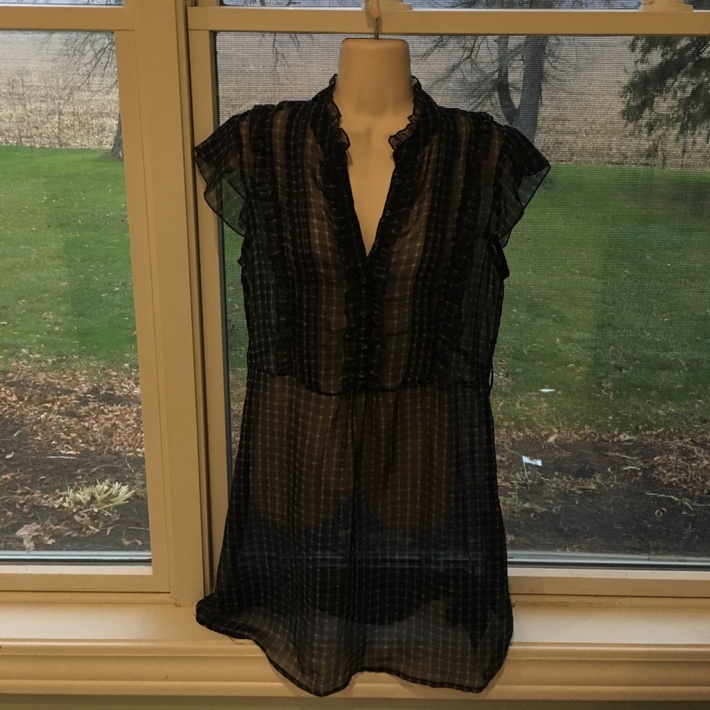 Dark blue plaid sheer tunic top