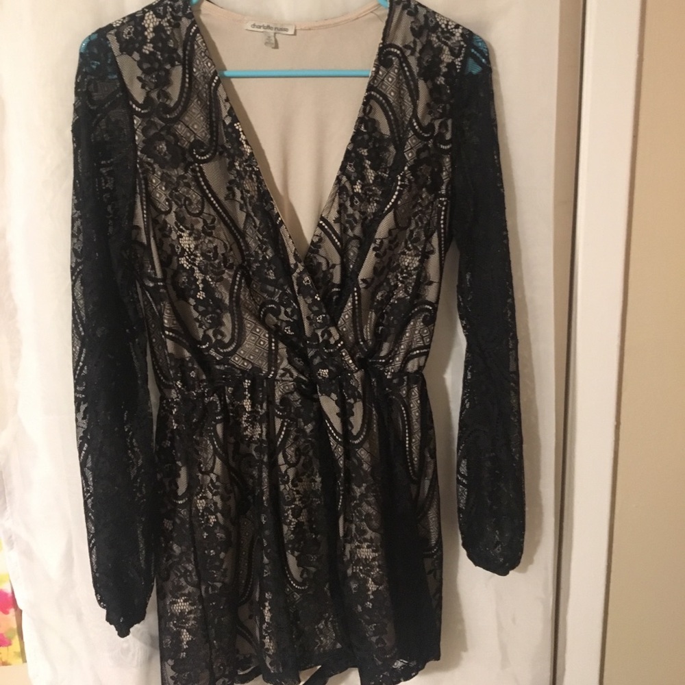 Black, Lacey long-sleeve romper