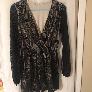 Black, Lacey long-sleeve romper