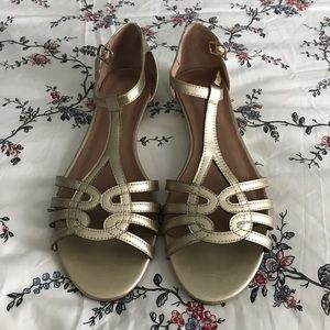 New in Box Mod Cloth Gold Mini Wedge Sandals US 7