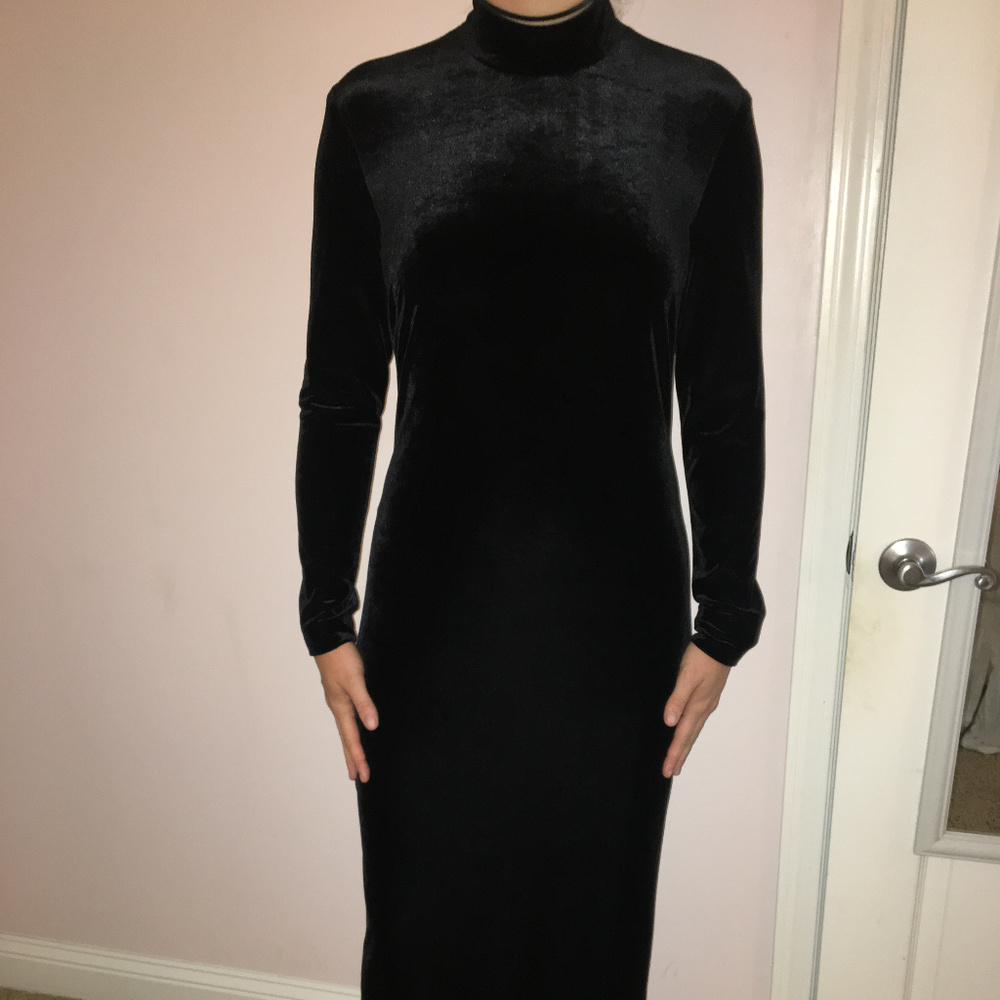 Black velvet long "mock" turtleneck dress.