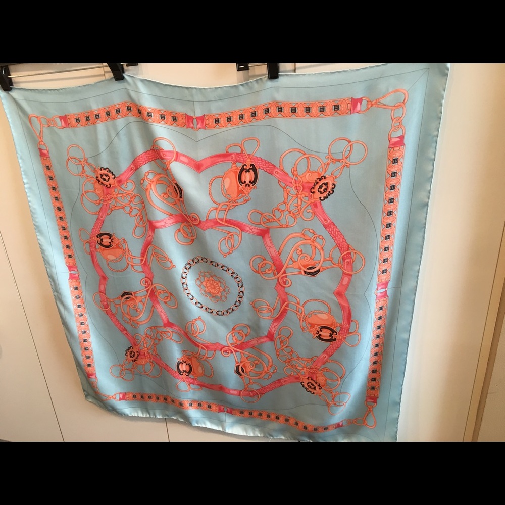 Scarf 35” x 34” Never Used Blue and Coral Rayon