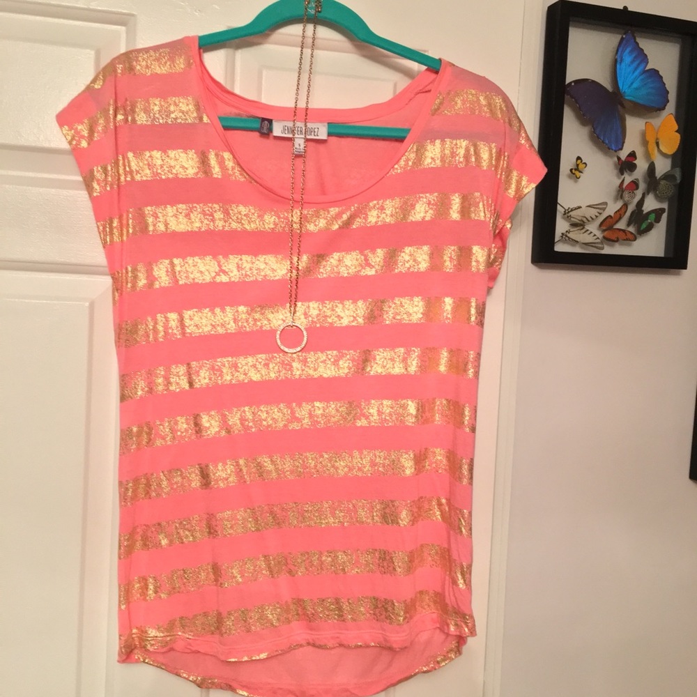 JLO pink and gold shimmer top