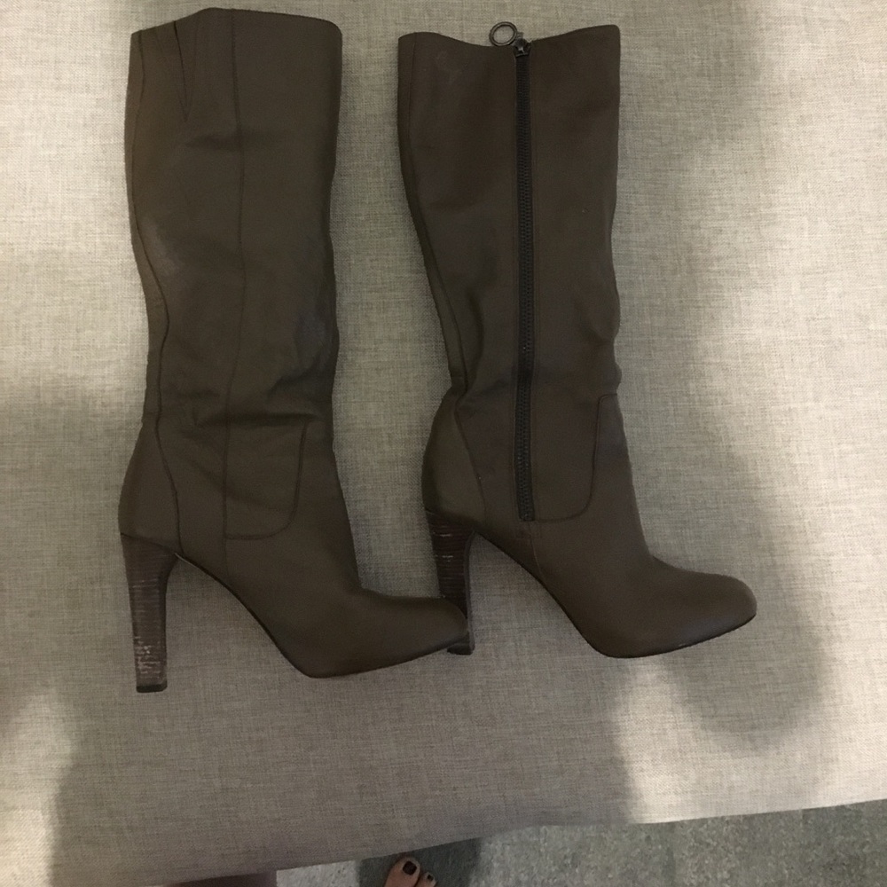 Brown leather boots with stacked wood heel