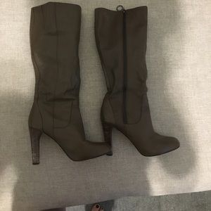 Brown leather boots with stacked wood heel