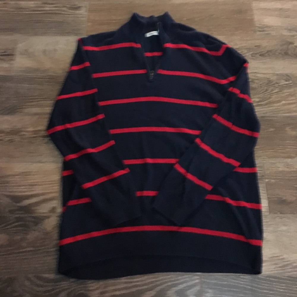 Lightweight navy sweater with red stripes