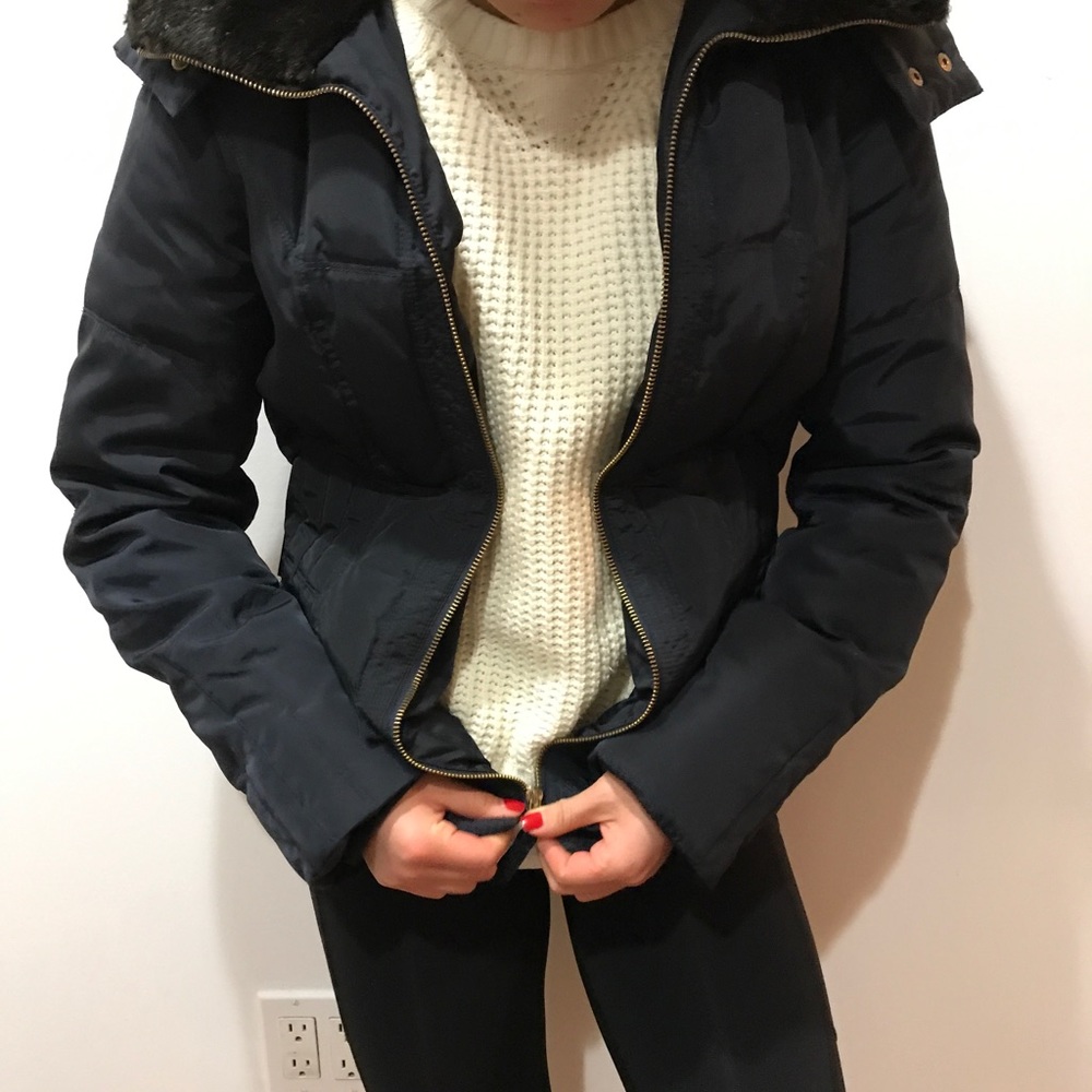 Navy Down Jacket with Fur Detail