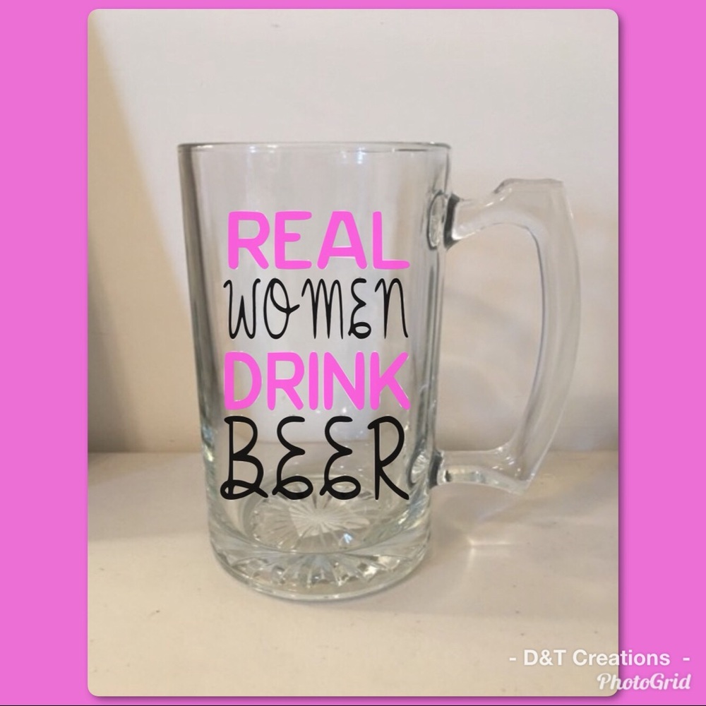 Real women drink beer. Glass beer mug