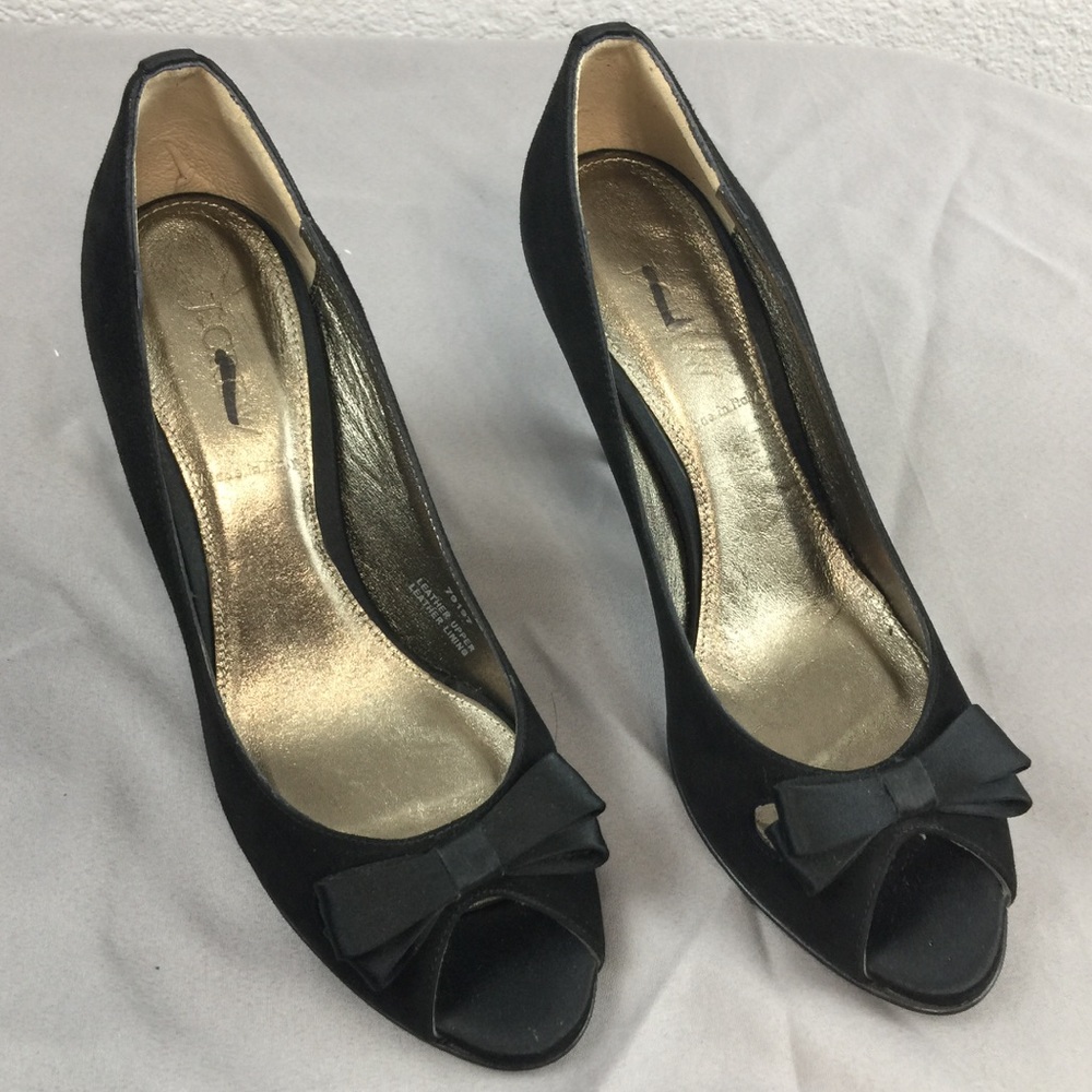 J. Crew black suede peep toe bow front heels NWOT