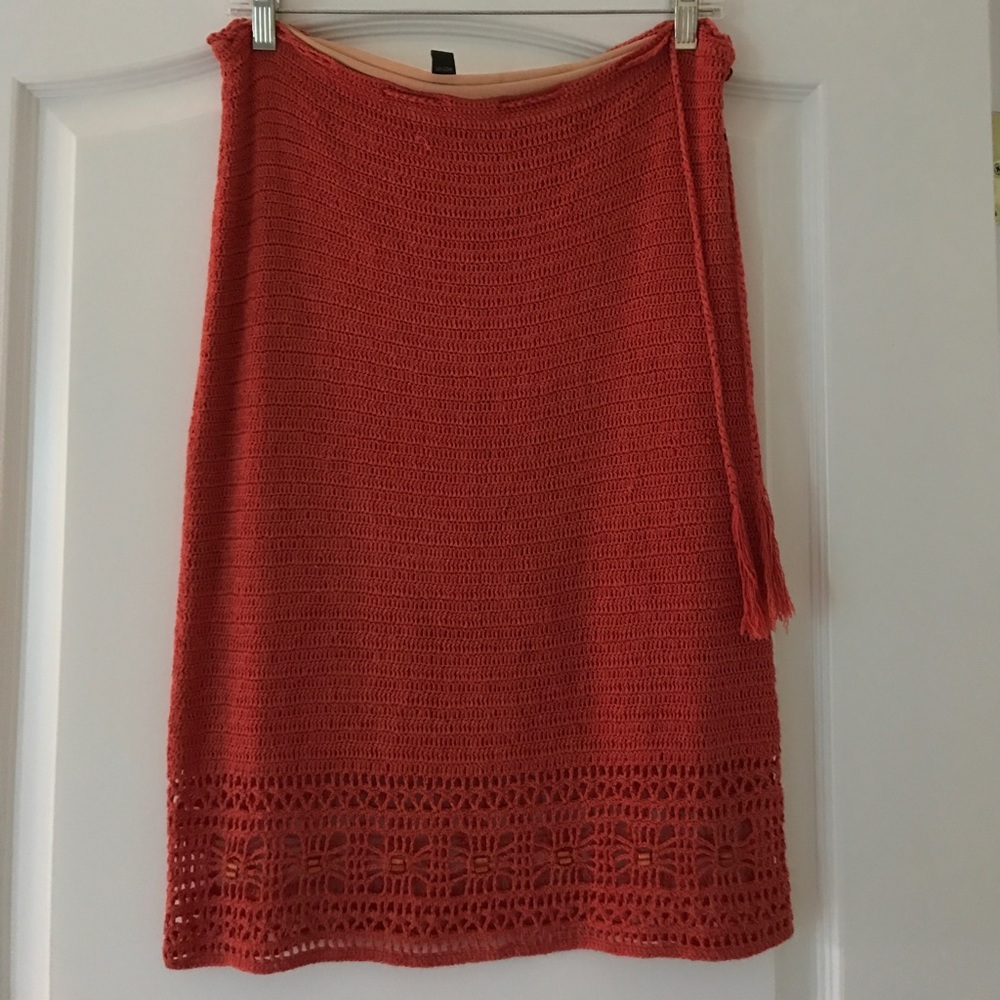 Brick red crocheted knit skirt by Laundry.