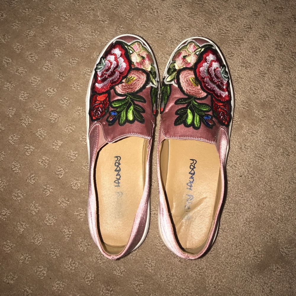 Pink satin embroidered slip-ons
