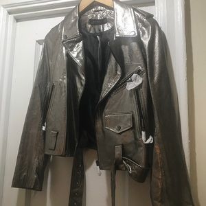 Genuine metallic leather motorcycle jacket