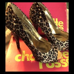 Leopard Studded Heel Peep Toe Pumps