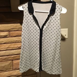 Button down, polka dot top.