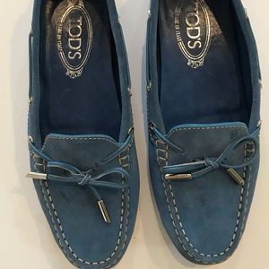 Blue suede loafers
