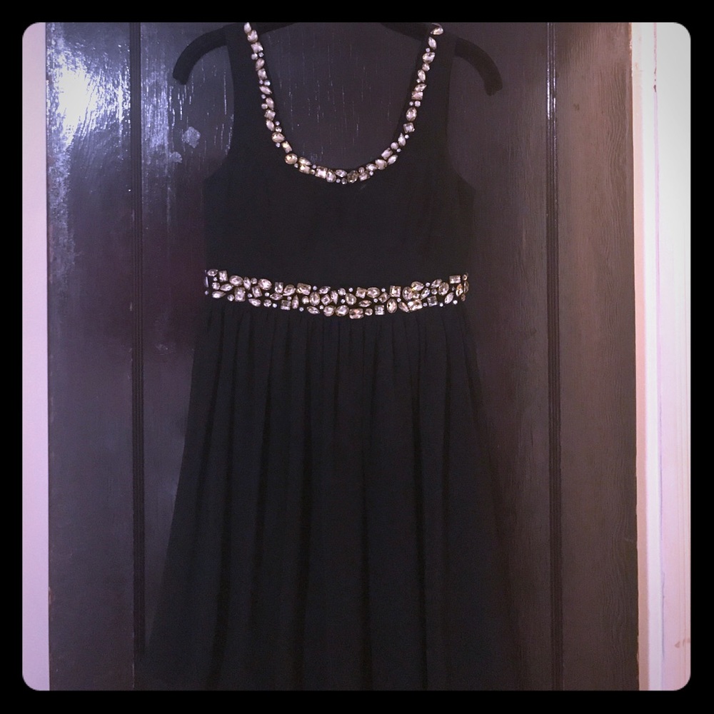 Black jeweled scoop neck cocktail dress
