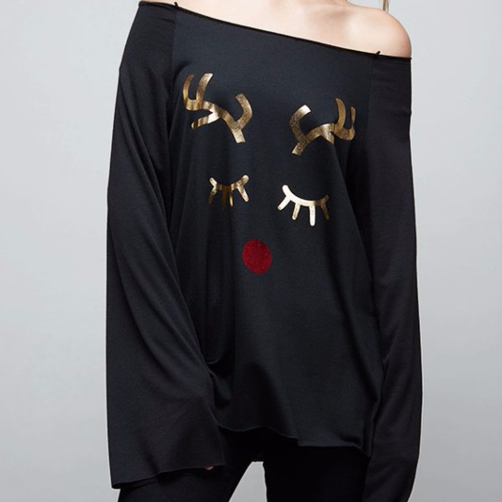 Sale! Sleeping eyelash Reindeer off shoulder Top - Picture 3 of 3