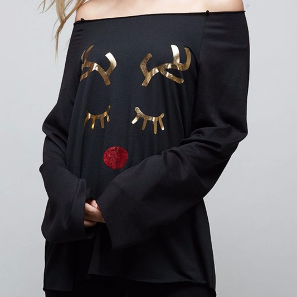 Sale! Sleeping eyelash Reindeer off shoulder Top - Picture 2 of 3