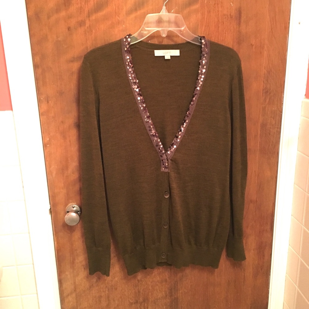 LOFT Olive Button Cardigan with taupe sequin trim