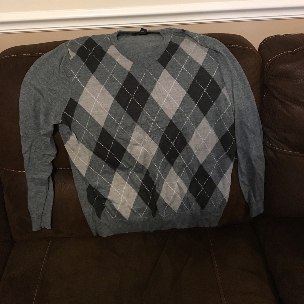INC Argyle Grey V Neck Sweater- Merino Wool XL