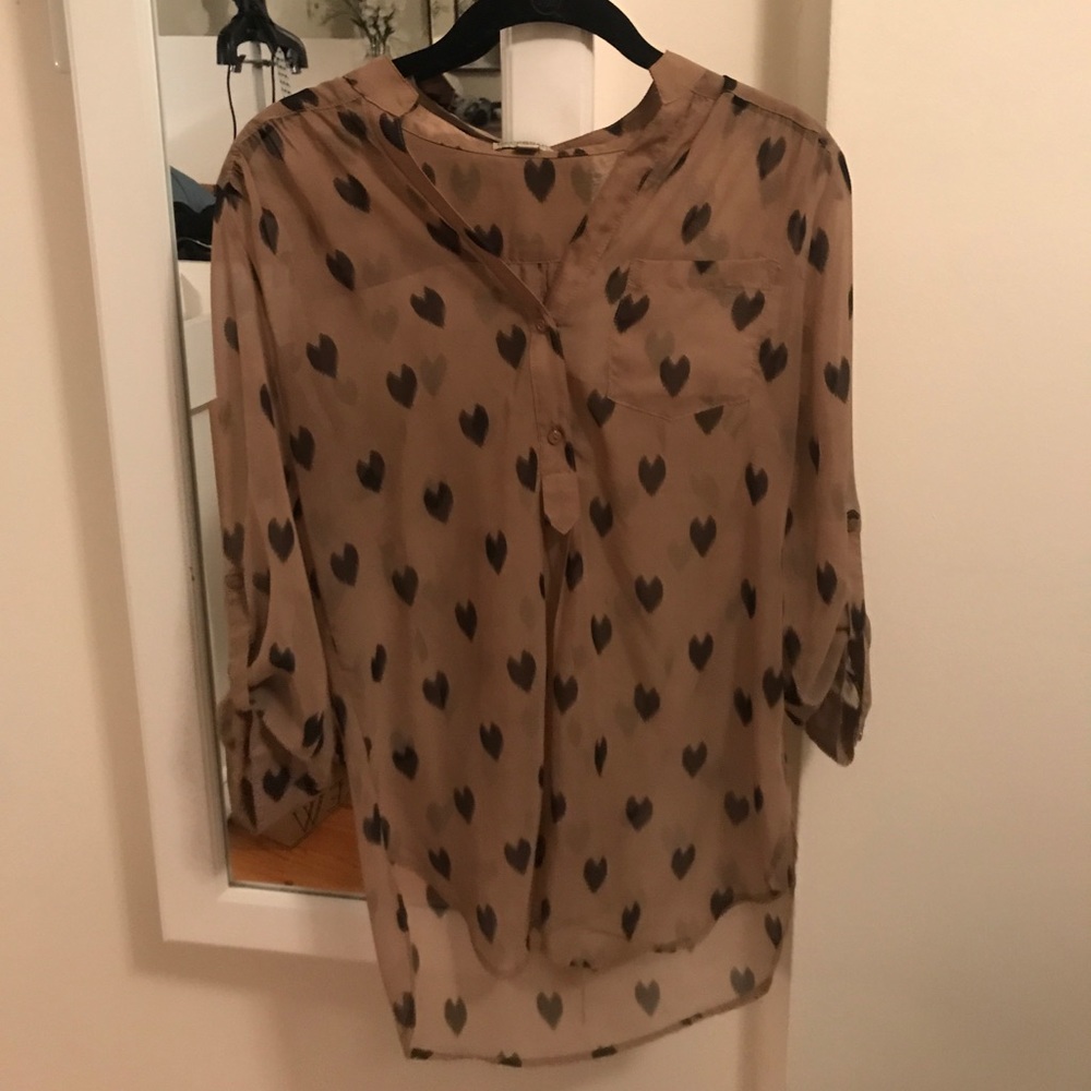 Necessary Clothing tan blouse with black hearts