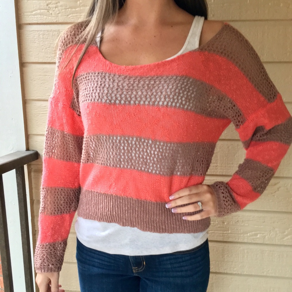 Small Coral & Brown Slouchy Crochet Sweater