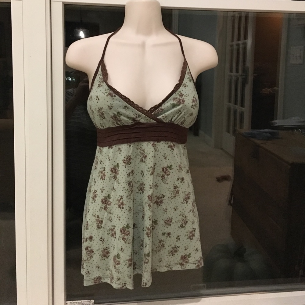 Green and brown floral halter with padded cups