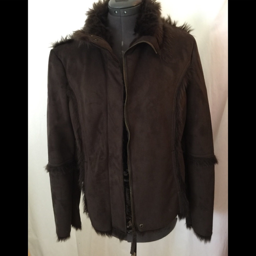 Choc brown faux suede and fur coat