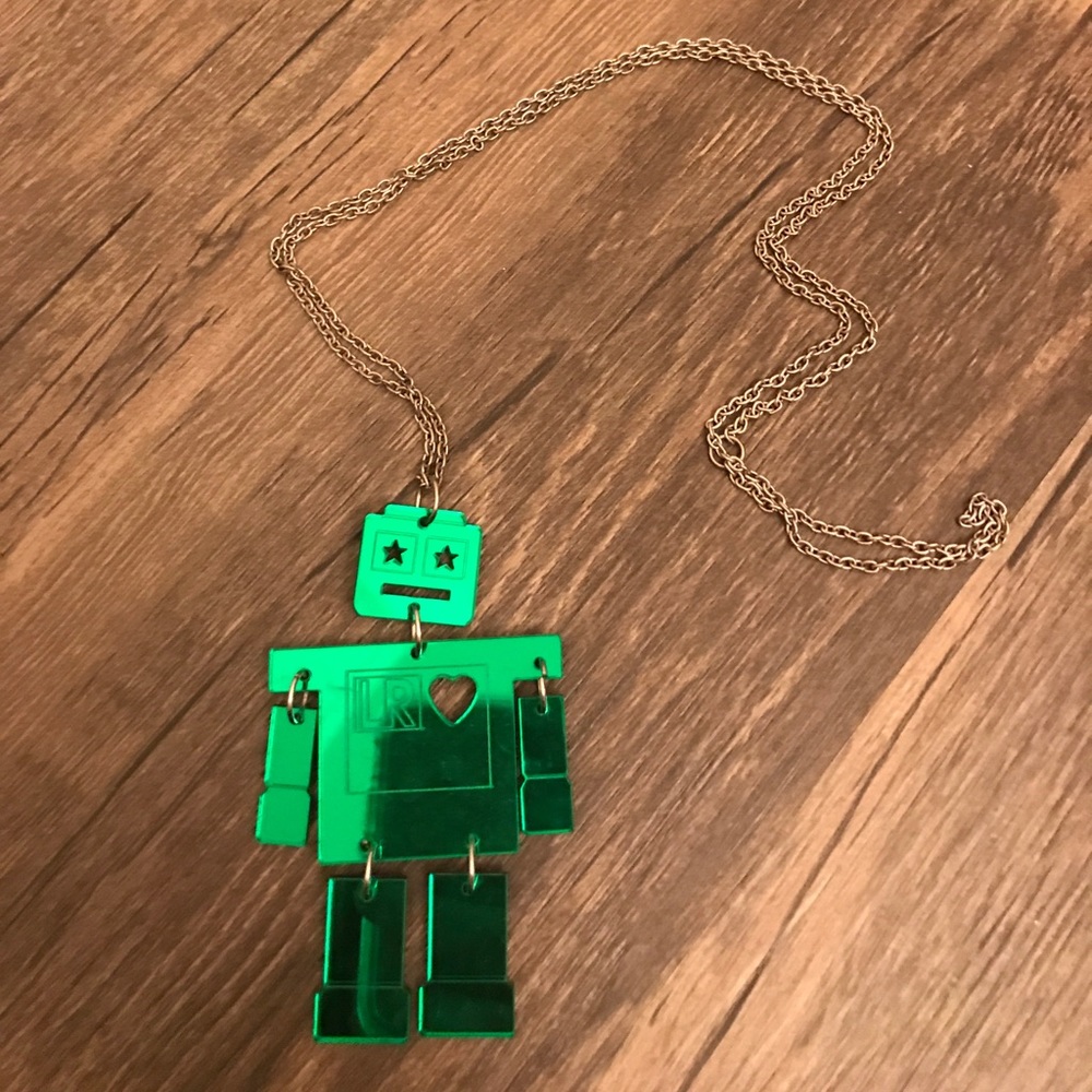 Shiny green dangly robot necklace