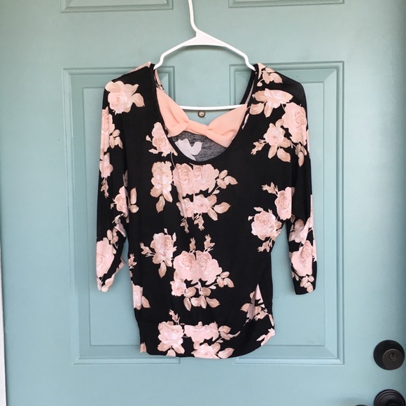 Black and pink floral mid sleeve shirt - Picture 3 of 6