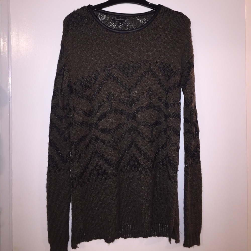 Olive green and black sweater with leather neck