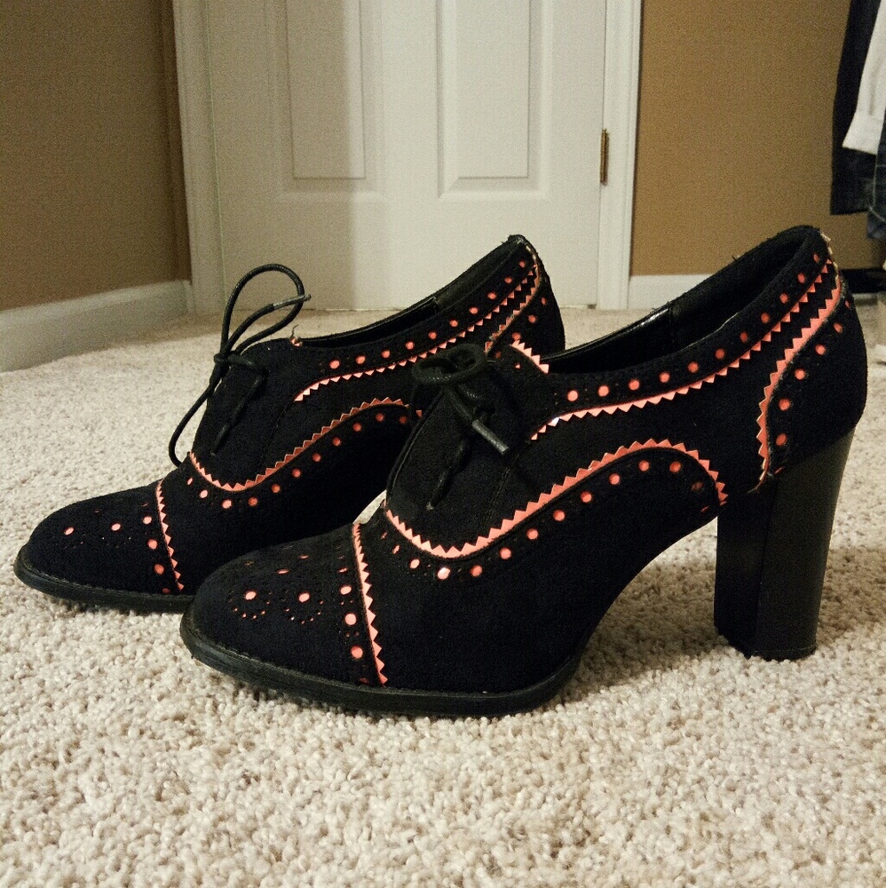 Black Ankle Booties w/Orange Patterns