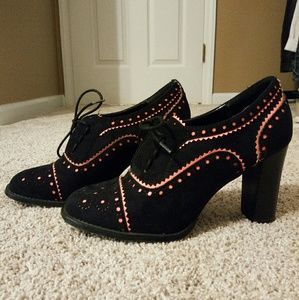Black Ankle Booties w/Orange Patterns