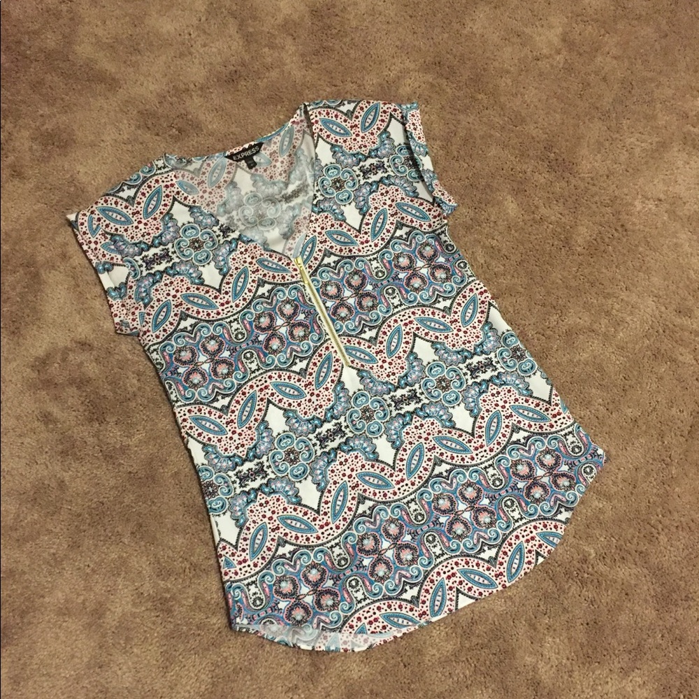 EXPRESS silky zip front rolled sleeve blouse