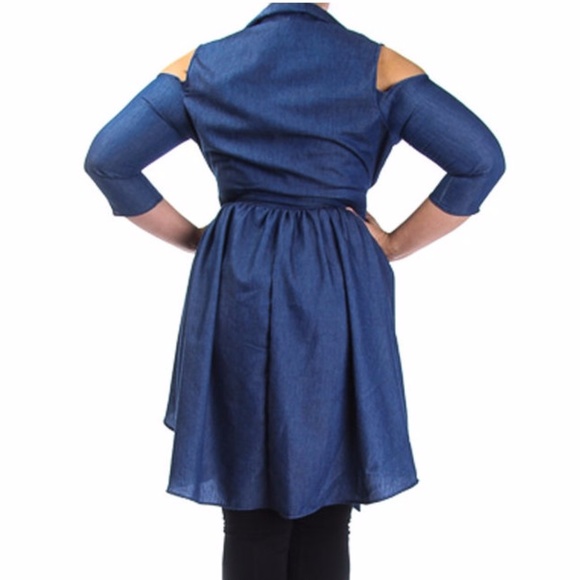 Plus Cold Shoulder Hi Lo Denim Shirt Tunic Top - Picture 2 of 3