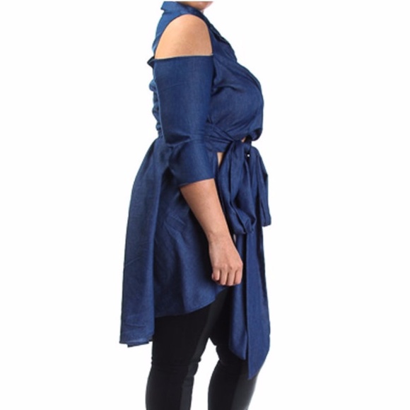 Plus Cold Shoulder Hi Lo Denim Shirt Tunic Top - Picture 3 of 3
