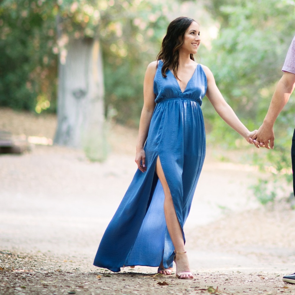Front Slit Blue Satin Dress