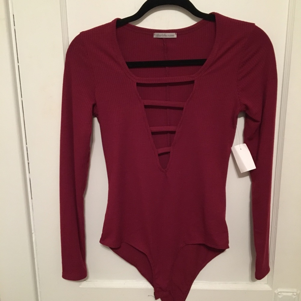Burgundy deep plunge bodysuit.