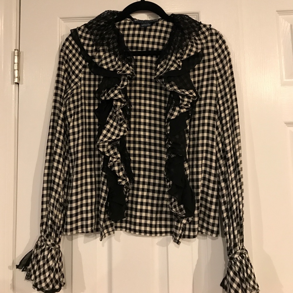 RL black and white checkered blouse with lace