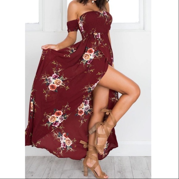 HP! Vacation Ready wine floral off shoulder dress - Picture 2 of 8