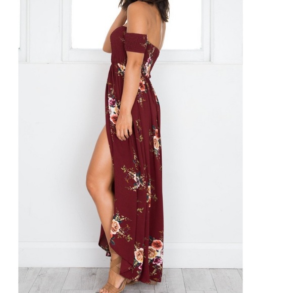 HP! Vacation Ready wine floral off shoulder dress - Picture 3 of 8
