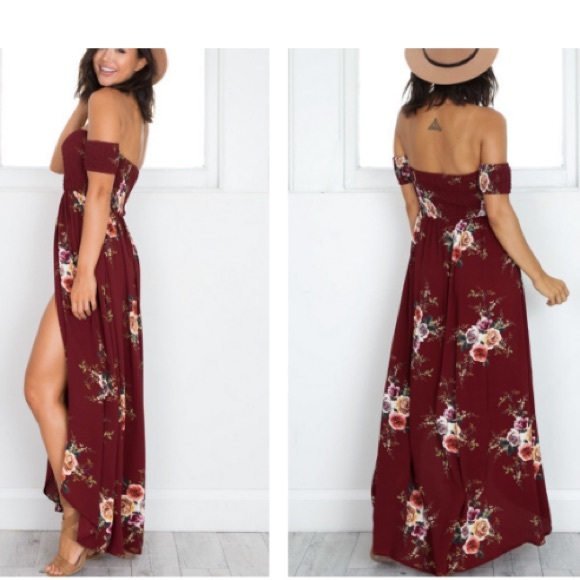 HP! Vacation Ready wine floral off shoulder dress - Picture 4 of 8