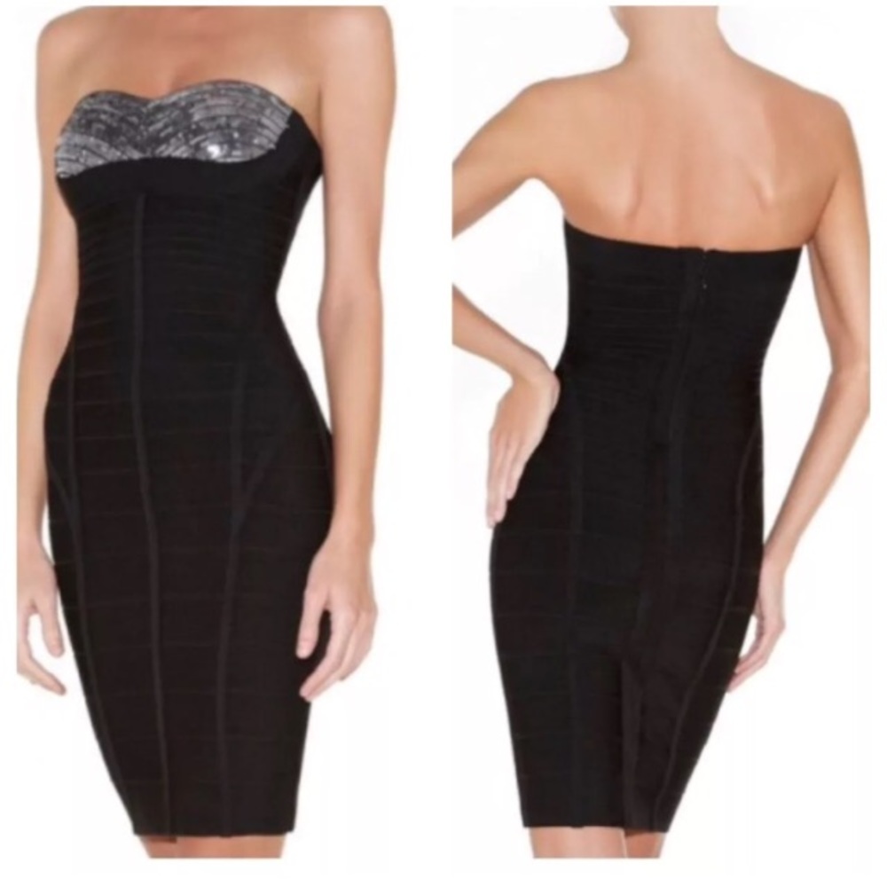 *SOLD*  Herve Leger Bess Sequin Strapless Dress