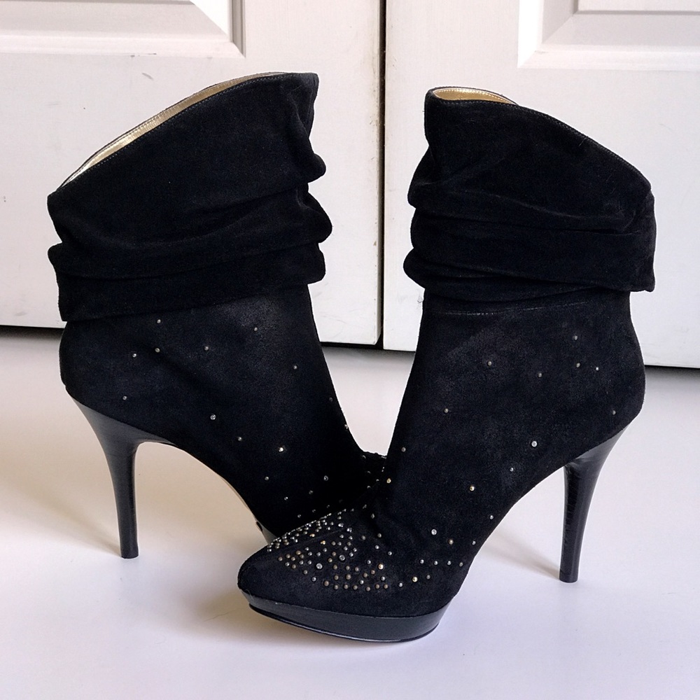 Sz 10.5 NINE WEST studded blk suede stiletto boots